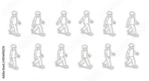 A series of line art illustrations depicting a person walking in various poses, showcasing different stages of movement.