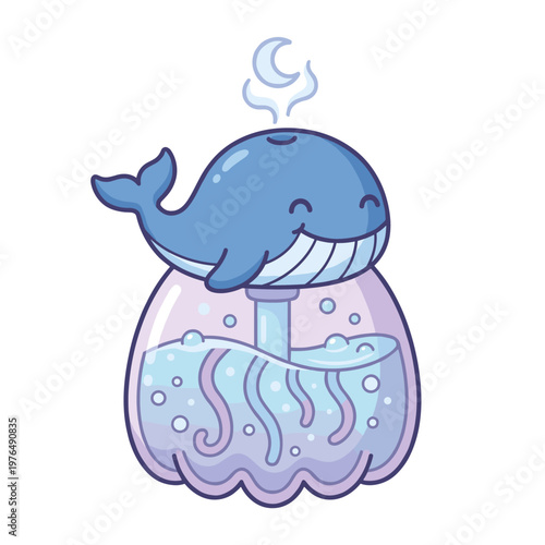 Cute whale humidifier releasing mist in a bubbly water tank