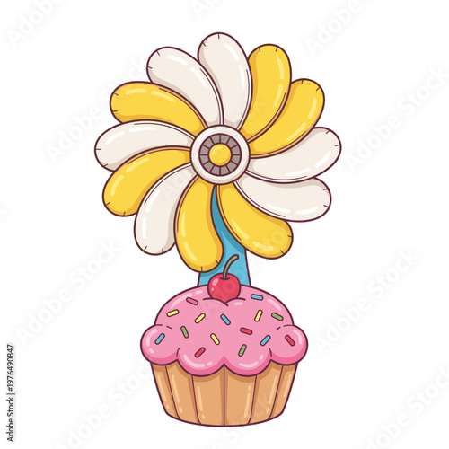 Stylized cupcake with fan resembling daisy petals and cherry