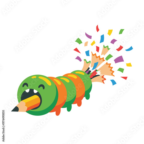 Caterpillar pencil sharpener with colorful confetti emerging
