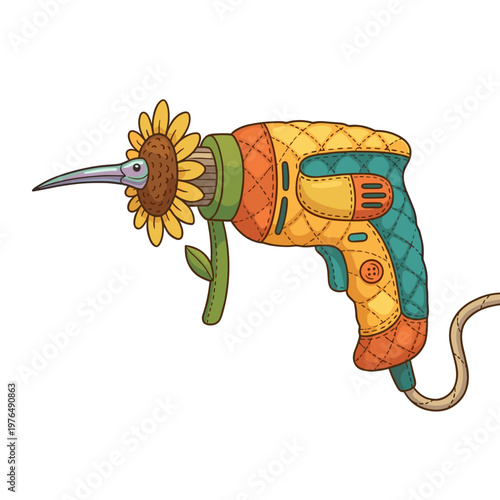 Quirky electric drill with sunflower and hummingbird beak