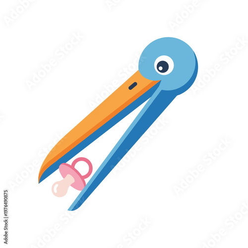 Stork-shaped tweezers holding a baby pacifier