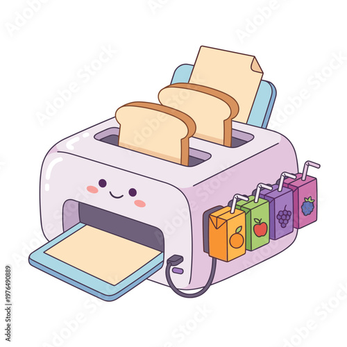 Cute kawaii toaster with bread and juice cartons