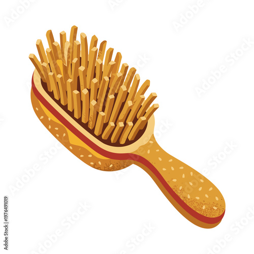 Creative hairbrush with french fries as bristles and hamburger bun base