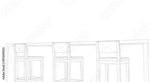 Architectural sketch of a modern bar counter with three high chairs.
