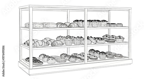 Bakery display case filled with various pastries and baked goods.