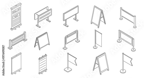 Collection of Isometric Outline Icons for Various Advertising and Display Stands.