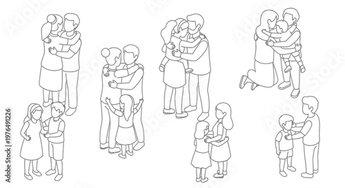 Diverse Group of People Embracing and Hugging in Various Heartwarming Interactions.