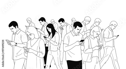 Diverse group of people engrossed in their smartphones, walking and interacting with technology.