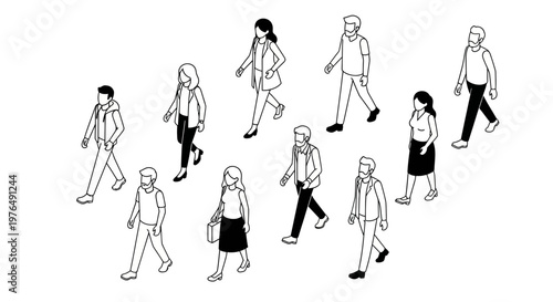 Diverse group of people walking in various directions.