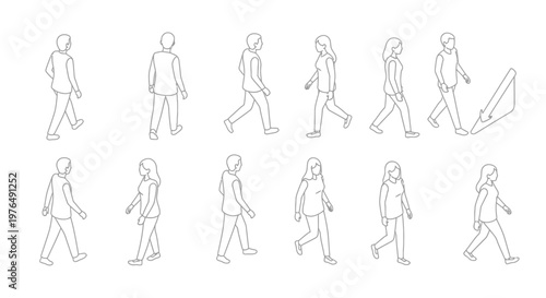Diverse Group of People Walking in Various Poses, Hand-Drawn Line Art.