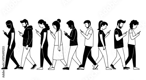 Diverse group of people walking while engrossed in their smartphones.