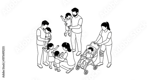 Diverse group of parents and children in various interactions.