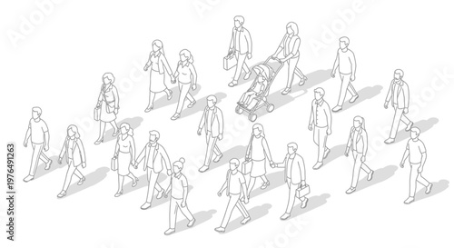 Diverse group of people walking in various directions, an illustrative sketch.