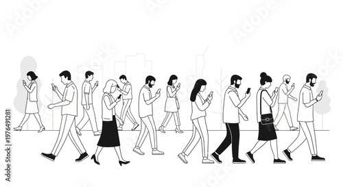 Diverse group of people walking while engrossed in their smartphones.