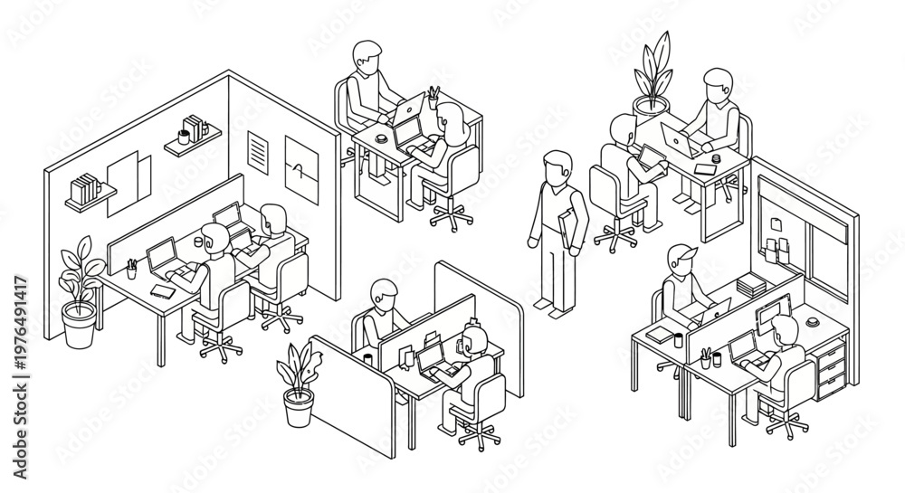 Obraz premium Isometric line art illustration of a bustling office environment with employees working diligently at their desks.