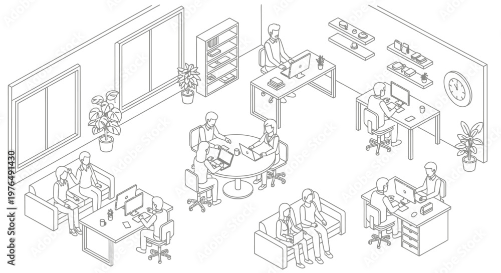 Fototapeta premium Isometric line art illustration of a modern office interior with people working.