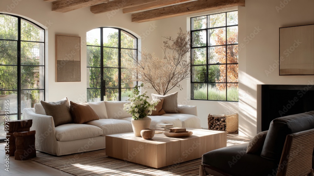 Fototapeta premium Bright and Airy Modern Farmhouse Living Room with Comfortable Sectional and Large Windows