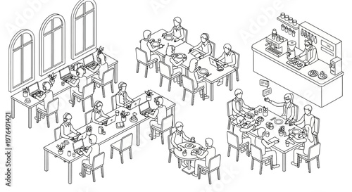 Isometric line art illustration of a bustling co-working space with people working and dining.
