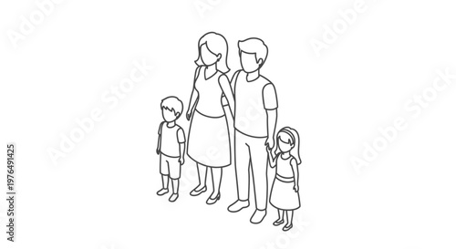 Isometric line art illustration of a family with two children.