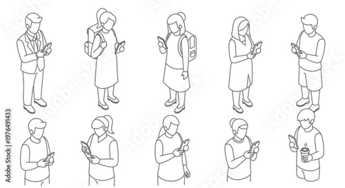 Isometric line art of diverse people using smartphones.