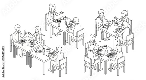 Isometric line art illustration of people dining at tables in a restaurant setting.