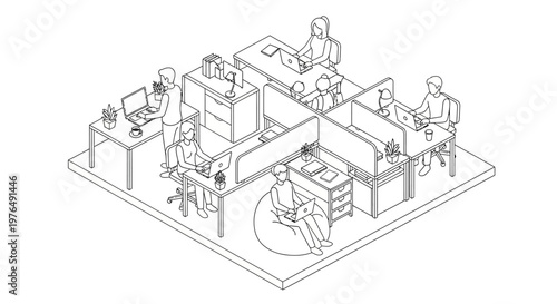 Isometric line drawing of a bustling open-plan office with employees working at their desks.