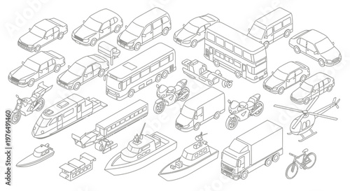 Isometric Outline Collection of Various Transportation Vehicles and Modes.