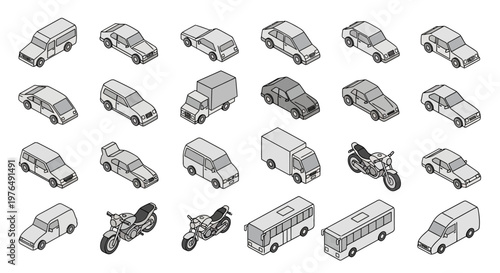 Isometric Outline Icons of Various Vehicles and Transportation Modes.