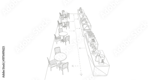 Wireframe rendering of a modern buffet restaurant layout with dining tables and food stations.