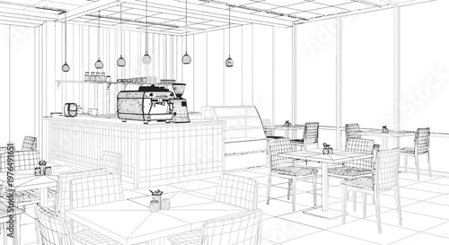 Wireframe sketch of a modern coffee shop interior with espresso machine and seating.