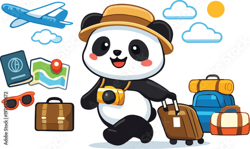 Cute smiling panda walking with brown suitcase near blue airplane cloud luggage and travel accessories vector flat design
