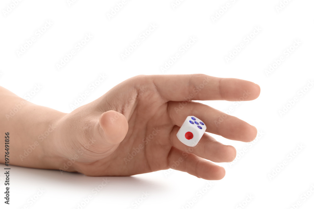 Fototapeta premium Female hand throwing game dice on white background