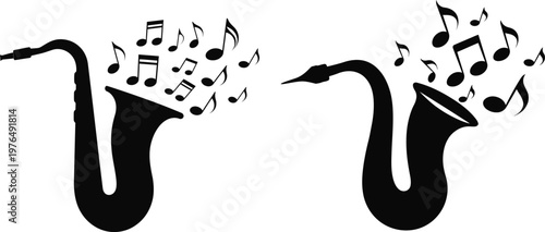 Musical saxophone instrument silhouette with flying notes representing jazz melody tunes.