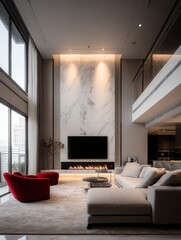 Modern Luxury Duplex Apartment Living Room with High Ceilings, Fireplace, and City View