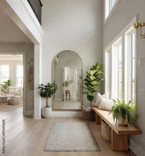 Spacious modern entryway with arched mirror, wooden bench, plants, and natural light