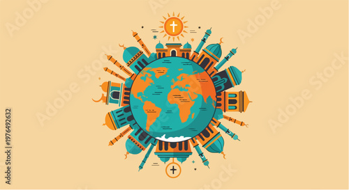 Illustration of a vibrant World Heritage Day icon featuring a globe surrounded by landmarks and monuments in a colorful design on a beige background with a sunny feel.