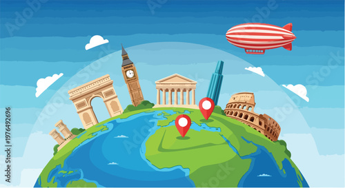 Illustration of a globe with famous landmarks and a blimp, celebrating World Heritage Day with a colorful and educational theme.