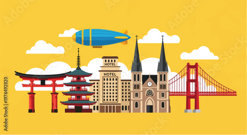 Illustration of famous landmarks from around the world on World Heritage Day against a bright yellow background with white clouds and a blue blimp.