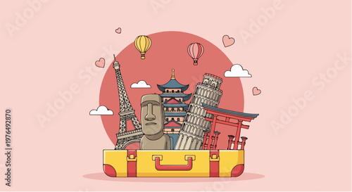 Illustration of a yellow suitcase overflowing with iconic landmarks and monuments from around the world on World Heritage Day against a pink background with hearts and clouds.