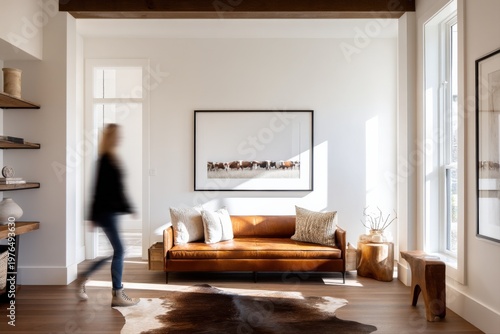 Elegant modern living room with a leather sofa, natural light, and minimalist decor, featuring a woman walking
