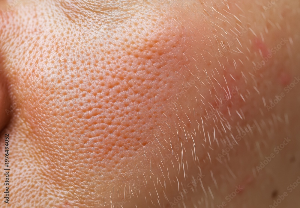 Fototapeta premium Close up of human skin texture with visible open pores and fine hair. Concept of dermatology, health, and epidermis