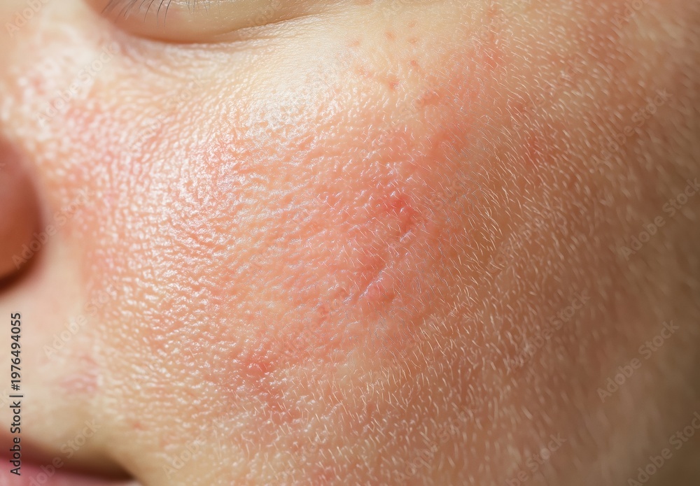 Fototapeta premium Human facial skin with visible redness and rash, indicating dermatitis or a sensitive skin condition