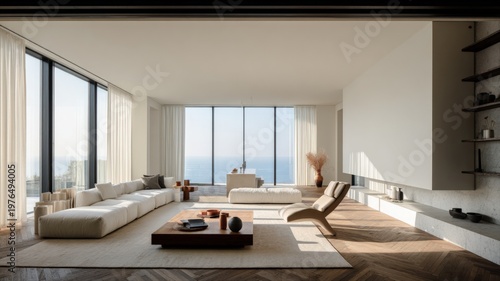Spacious minimalist living room with panoramic ocean views, modern sectional sofa, and natural light streaming through floor-to-ceiling windows