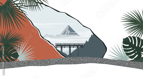 modern illustration of tropical landscape with palm trees and pavilion