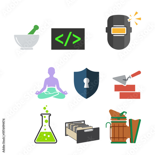 Set of icons representing various industries and professions