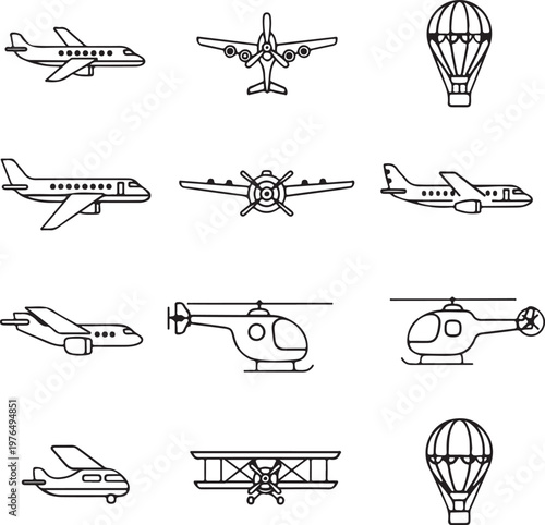Airplane icon set in flat style. Aircraft vector collection for travel, aviation and transport design use