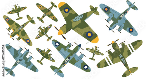 Set of vintage World War II military aircraft illustrations with camouflage on white background
