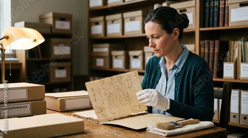 Research assistant reviews historical documents in museum archive