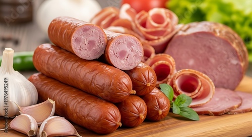 Rich assortment of various smoked sausages and cold cuts on a rustic wooden cutting board with garlic and herbs assortment charcuterie delicious ingredients